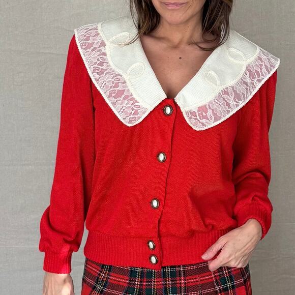 Sezane Sweaters - Reworked Vintage Red Cardigan with Lace Collar - Grandmillenial - Holiday